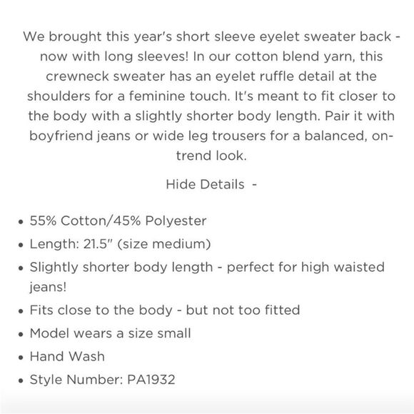 LILLA P Eyelet Ruffle Shoulder Trimmed Crew Neck Ribbed Sweater White Size L - Picture 8 of 11